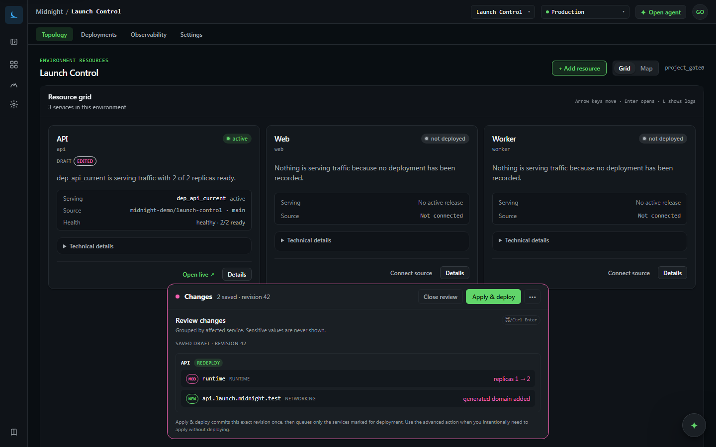 Midnight changes review showing staged configuration and the Apply and Deploy action