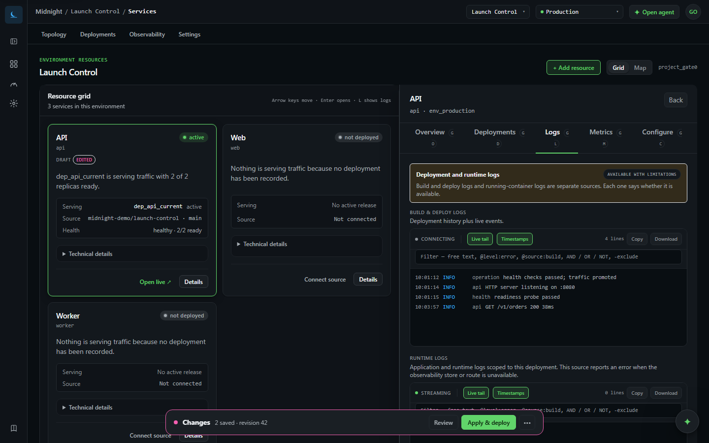 Midnight live logs view for a selected service